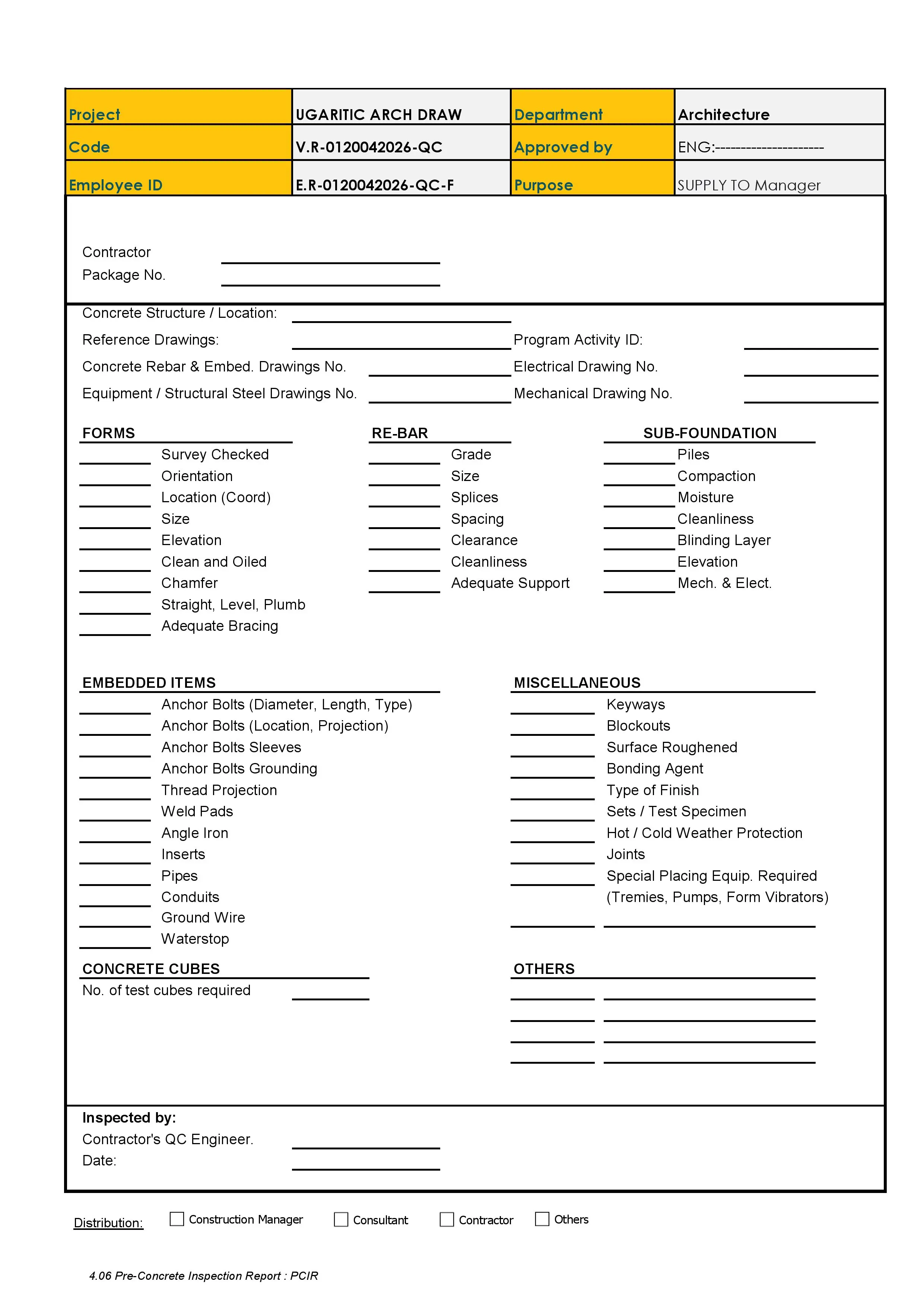 QC.06 PCIR-Pre - Pour Concrete Inspection Checklist